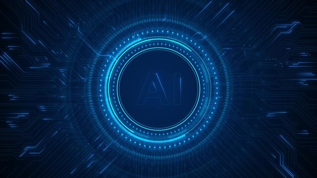 Outlined AI circular display concentric rings evenly spaced dots. Circuit traces extend toward edges, complex electronic interface background for 19 titles, digital explainers, presentations.