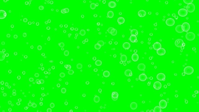 Realistic water air bubbles and glossy soap spheres floating upward with bokeh depth and organic wobble against chroma key green screen, 4K 60fps 8s loop.