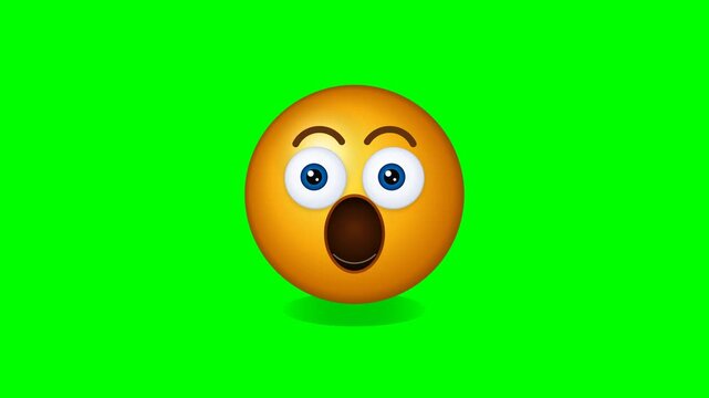 Cute glossy 3D animated shocked emoji with expressive wide eyes, raised eyebrows, and open mouth floating on chroma green screen, 4K 60fps 8s seamless loop.