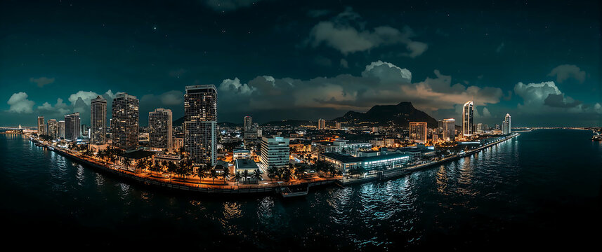 Panoramic night view of a coastal city skyline with tall residential towers, illuminated streets, and a dark mountain silhouette in the background, set under a dramatic cloudy sky over the water