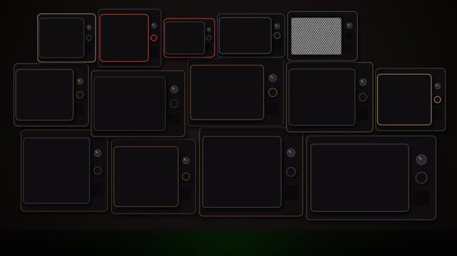 Collection of retro vintage CRT televisions stacked together with isolated green screen displays for video replacement and chroma keying, 4K 60fps seamless loop.
