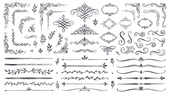 Vintage hand drawn flourish and decorative divider collection with ornate frames and floral borders for elegant wedding invitations, professional graphic design projects and stationery brand