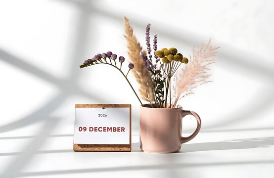 December 09 calendar date card next to a ceramic mug with dried meadow flowers desk accessory pampas grass still life home decor flat lay aesthetic minimalist lifestyle seasonal