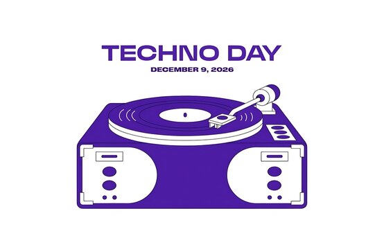 Retro vinyl turntable design celebrating techno day musical genre appreciation with record player electronic music white background sound system audio nightlife equipment