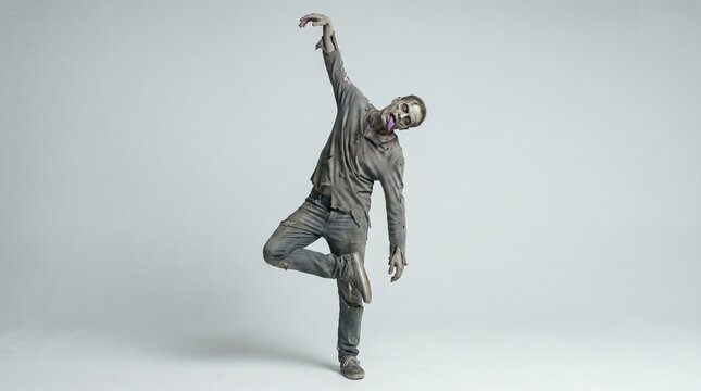 Zombie man in torn gray shirt and ripped jeans standing on one leg with arm raised and purple tongue hanging out, funny undead Halloween pose on white background