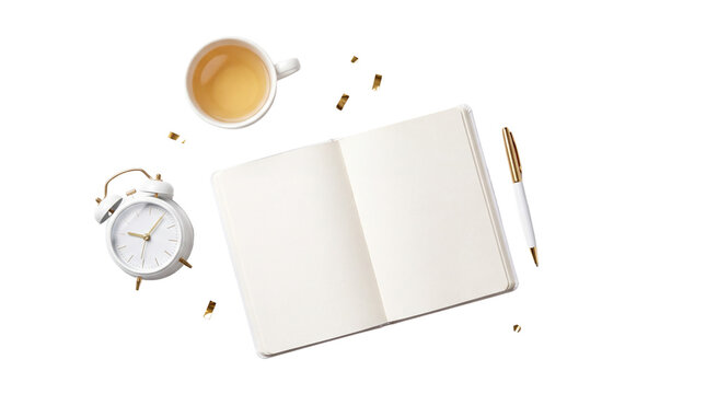 Minimalist open blank notebook with white alarm clock and tea, clean paper journal for planning, morning productivity workspace with pen isolated PNG with Transparent Background