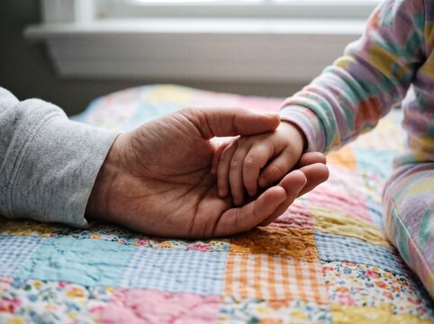 Parent and child holding hands on a colorful quilted blanket. Adult hand gently gripping a tiny baby hand in a bright bedroom setting. Heartwarming family photography capturing love.