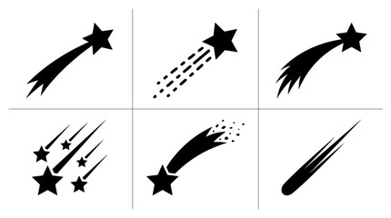 Shooting star silhouettes set with trails and streaks, cosmic event icons for design © Mukti