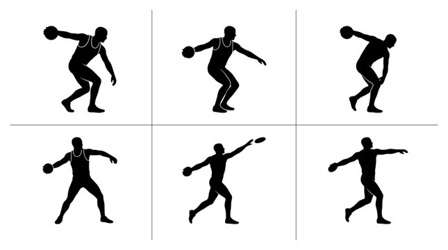 Discus thrower silhouettes set showing action poses, athletic sport for logo and signage