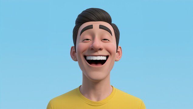 Cheerful young man with animated facial expression, smiling broad against bright blue background