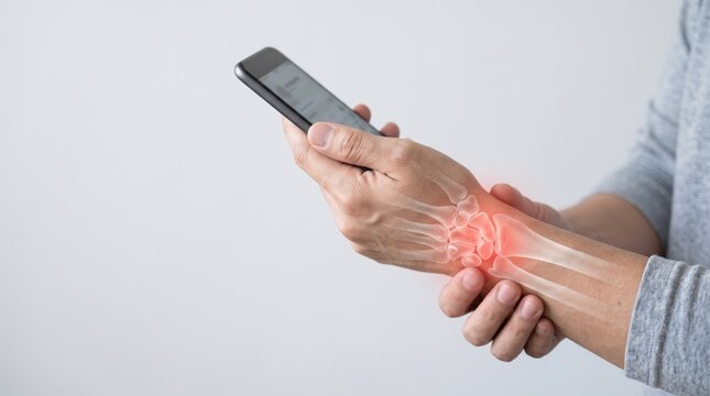Closeup of a person holding a smartphone with a digital overlay of wrist bones highlighting pain and inflammation