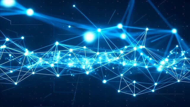 Dynamic Visualization of Interconnected Blue Data Points in a Dark Space Representing Complex Networks and Technology Advancements