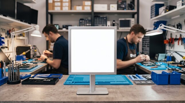 Horizontal display screen on workbench in electronics repair. Two technicians inspect computer hardware with multimeters. Technical service workshop screen mockup supports diagnostics display.