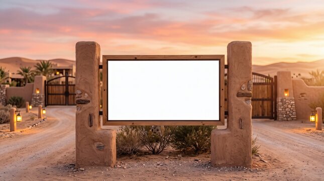Horizontal wooden ranch sign on adobe wall in sunset desert. Saguaro cacti and red rock mesas glow beneath warm evening. Southwest desert resort entrance sign mockup welcomes lodge guests.