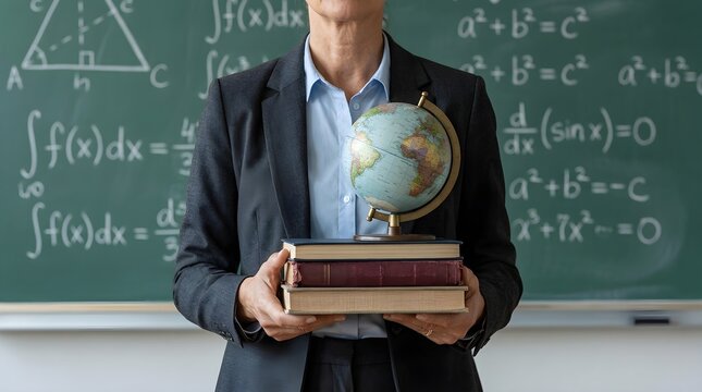 A female teacher holding a stack of books and a globe in a classroom with math formulas on the chalkboard
