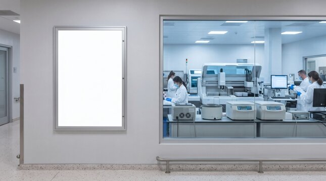 Vertical white poster mounted on wall outside cleanroom lab. Scientists in white suits work inside blue-lit biotechnology. Research center corridor wall poster mockup communicates lab.