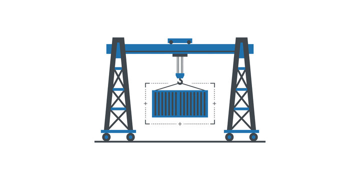 Industrial gantry crane lifting shipping container with precision targeting lines in blue and dark blue graphic illustration.