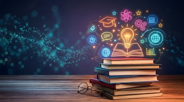 Conceptual image of a stack of books with a glowing lightbulb and educational icons symbolizing digital learning and knowledge innovation