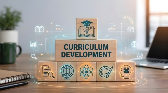 Curriculum development concept with wooden blocks, education icons, learning strategy, academic planning, and knowledge growth