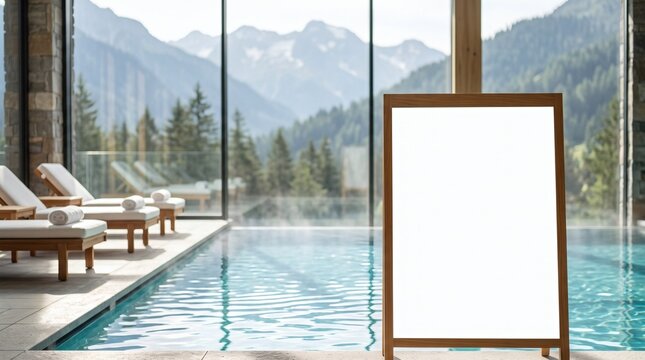 Blank vertical wooden frame sign stands beside. Panoramic glass windows reveal snow-capped mountain peaks reflecting. Luxury alpine thermal resort mockup for hydrotherapy pool rules.