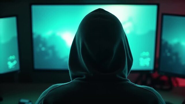 Mysteri&ouml;se Silhouette vor leuchtenden Monitoren