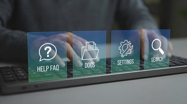 User typing on computer keyboard with digital interface overlays showing help FAQ docs settings search icons