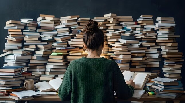 Female student studying at desk surrounded by huge stacks of books preparing for exam back view