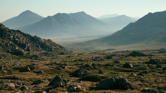 Boulder strewn high plateau valley below misty mountain peaks