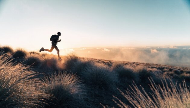 Silhouette of a lone trail runner in profile mid stride on a grassy hill