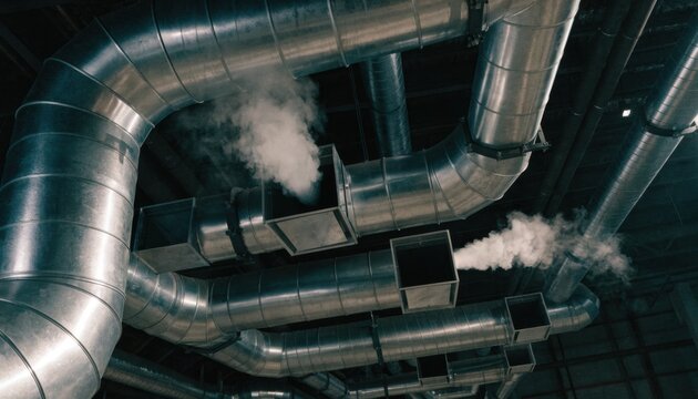 Industrial ventilation system with steam escaping from ducts