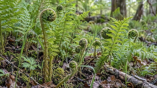 Fresh green fern fiddleheads unfurling on the forest floor during a sunny spring day in the wild nature woods with soft natural lighting and texture