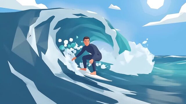 Animated Surfing Person on Ocean Wave Motion Graphic for Water Sport Education and Outdoor Leisure Marketing