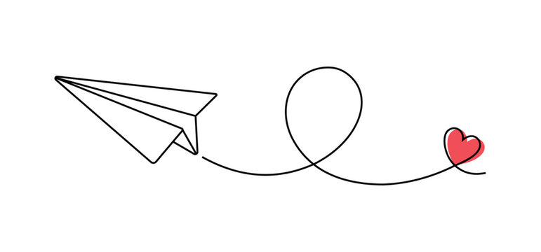 Paper plane flying with a looping trail ending in a red heart shape