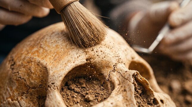 Dedicated archaeologist cleaning ancient skull with precision brush and tools at excavation site under soft focused light for forensic anthropology research concept