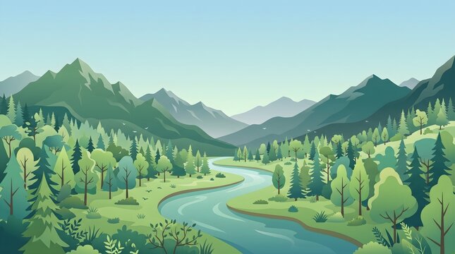 Biosphere nature reserve vector landscape with river and mountains