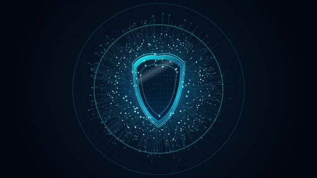 Digital cybersecurity shield icon animation with glowing data particles and network hud interface protection