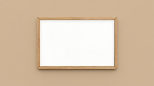 Wooden picture frame mockup hanging horizontally on a warm beige wall with a blank white insert.
