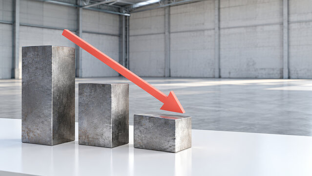 Descending steel blocks and coral arrow showing decline in industrial warehouse, with polished metal surface and spacious concrete interior suggesting reduced output and market downturn