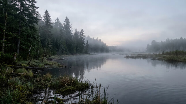 Misty Evergreen Forest Lake at Dawn, Serene Nature Landscape Background for Wellness and Mindfulness Projects