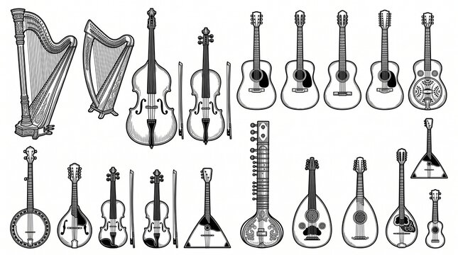Black-and-white vector collection of musical string instruments, including acoustic guitars, violins, double basses, banjos, harps, and traditional instruments, detailed outlines, arranged in rows on 