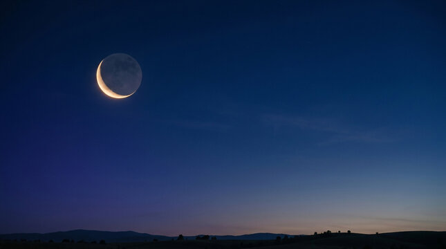 Crescent Moon in Deep Indigo Twilight Sky, Ramadan Greeting Card Background Template