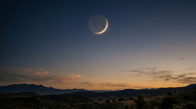 Ramadan Crescent Moon in Twilight Sky, Islamic Holiday Background for Greeting Cards and Social Media Banners