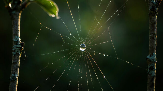 A spiderweb covered in dew drops glistens in the soft morning light creating a delicate natural scene webs arachnid dewdrop droplets moisture condensation radiant glistening