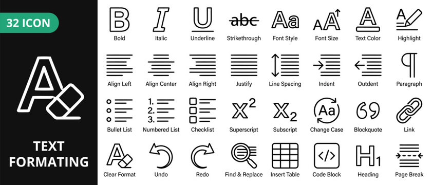 Typography and text formatting vector icon collection for word processing software, digital publishing platforms, creative content management systems, and modern editorial app interfaces.