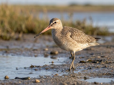 Bar tailed godwit standing on wet mudflats in soft golden light