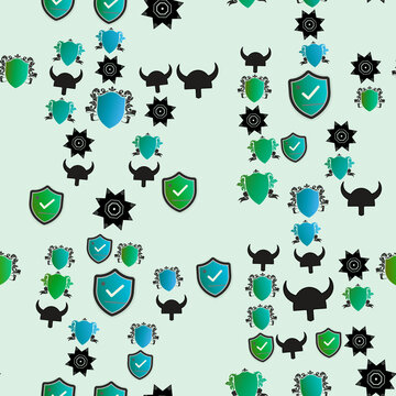 Seamless pattern of shields, horned helmets, and star emblems