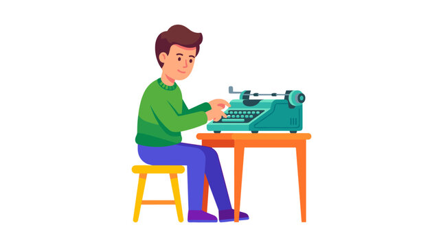 A cartoon illustration of a young man with brown hair sitting on a yellow stool at an orange wooden desk and typing on a teal vintage typewriter against a white background.