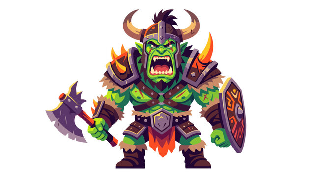 Cartoon green orc warrior character in fantasy armor with horned helmet, spiked pauldrons, battle axe, and tribal shield, shouting in aggressive pose on white background.