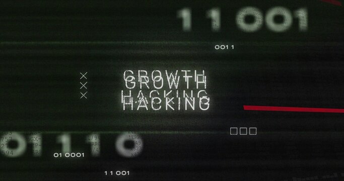 Glitching central white GROWTH HACKING text flickering on corrupted monitor, with numeric strings