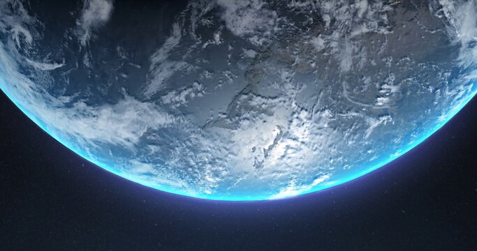 Showing blue-green planet revealing cyan limb from low orbit, with clouds, land and starfield